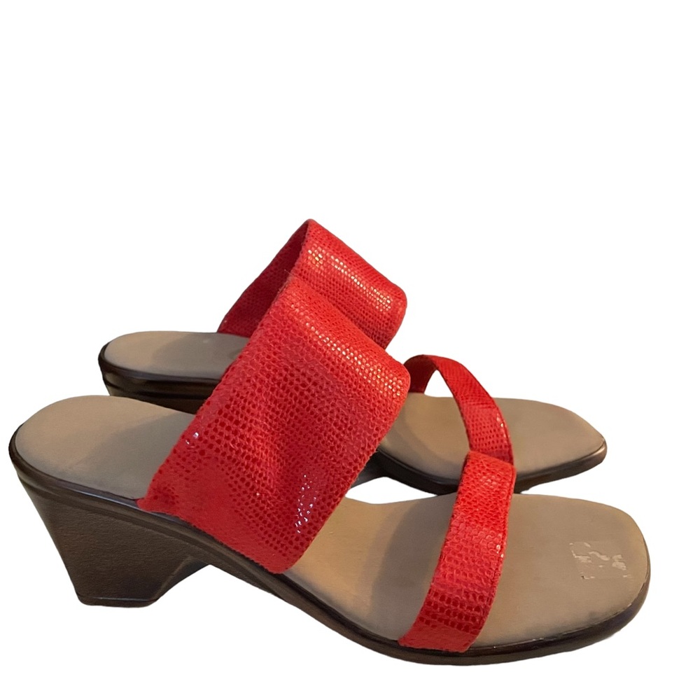 Onex Slip On Slide Sandal Open Toe Red Leather Snakeskin Fabric Size 6